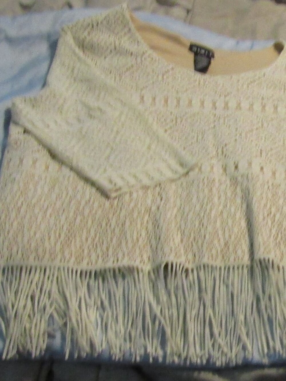 Mix It BLACK LACE FRINGE Boho Blouse 3/4 Sleeves Sheer Overlay Lined Top Size XL